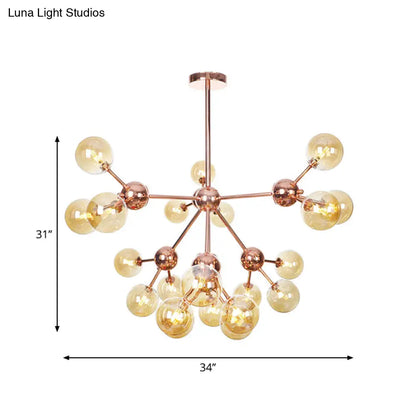 Lámpara de araña vintage de cobre con pantallas esféricas de cristal transparente/ámbar - 3/9/12 luces, diseño de ramas - 33/70/86 cm de ancho
