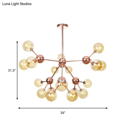 Lámpara de araña vintage de cobre con pantallas esféricas de cristal transparente/ámbar - 3/9/12 luces, diseño de ramas - 33/70/86 cm de ancho