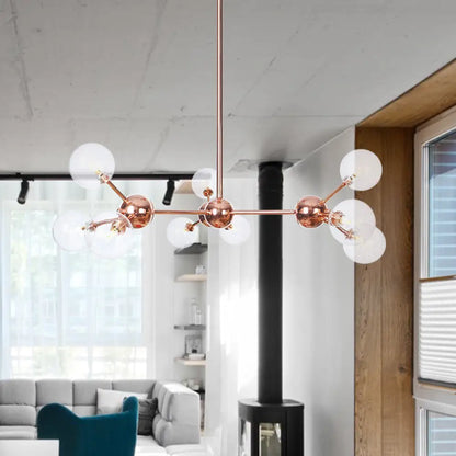 Lámpara de araña vintage de cobre con pantallas esféricas de cristal transparente/ámbar - 3/9/12 luces, diseño de ramas - 33/70/86 cm de ancho