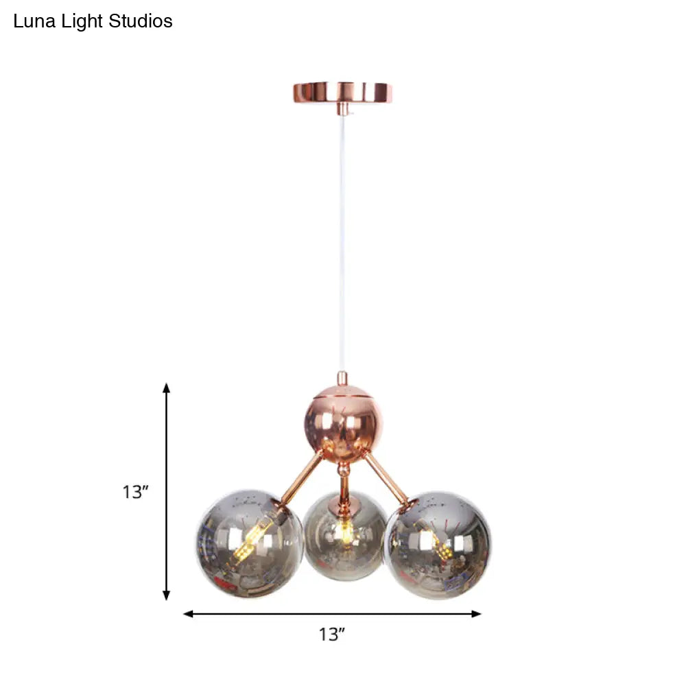 Lámpara de araña vintage de cobre con pantallas esféricas de cristal transparente/ámbar - 3/9/12 luces, diseño de ramas - 33/70/86 cm de ancho