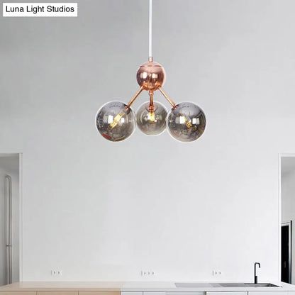 Lámpara de araña vintage de cobre con pantallas esféricas de cristal transparente/ámbar - 3/9/12 luces, diseño de ramas - 33/70/86 cm de ancho