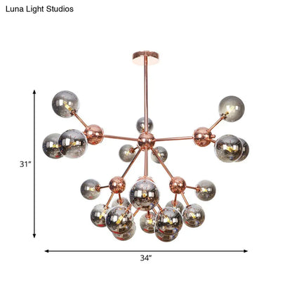 Lámpara de araña vintage de cobre con pantallas esféricas de cristal transparente/ámbar - 3/9/12 luces, diseño de ramas - 33/70/86 cm de ancho