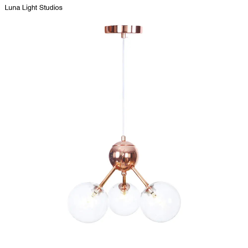 Lámpara de araña vintage de cobre con pantallas esféricas de cristal transparente/ámbar - 3/9/12 luces, diseño de ramas - 33/70/86 cm de ancho