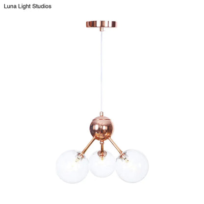 Lámpara de araña vintage de cobre con pantallas esféricas de cristal transparente/ámbar - 3/9/12 luces, diseño de ramas - 33/70/86 cm de ancho