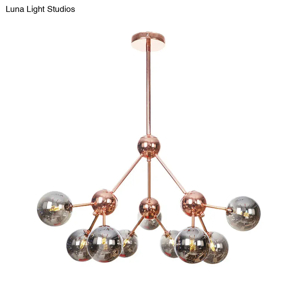 Lámpara de araña vintage de cobre con pantallas esféricas de cristal transparente/ámbar - 3/9/12 luces, diseño de ramas - 33/70/86 cm de ancho