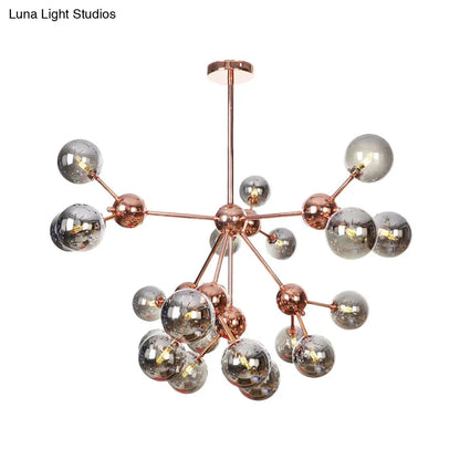 Lámpara de araña vintage de cobre con pantallas esféricas de cristal transparente/ámbar - 3/9/12 luces, diseño de ramas - 33/70/86 cm de ancho