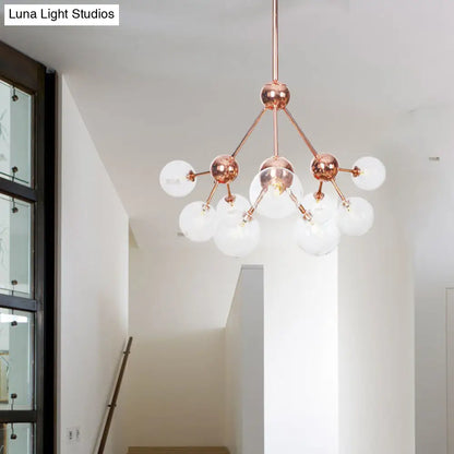 Lámpara de araña vintage de cobre con pantallas esféricas de cristal transparente/ámbar - 3/9/12 luces, diseño de ramas - 33/70/86 cm de ancho