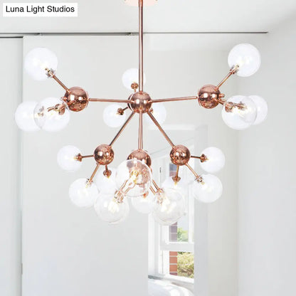 Lámpara de araña vintage de cobre con pantallas esféricas de cristal transparente/ámbar - 3/9/12 luces, diseño de ramas - 33/70/86 cm de ancho