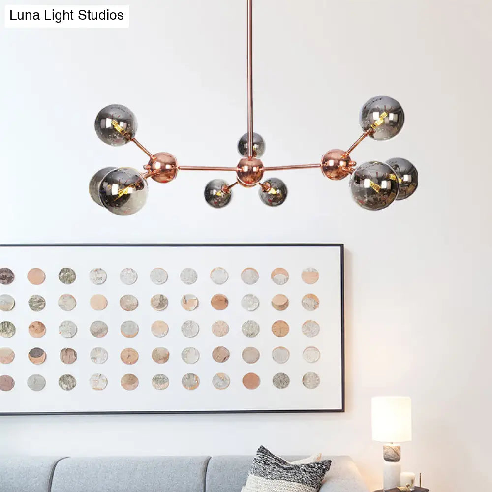 Lámpara de araña vintage de cobre con pantallas esféricas de cristal transparente/ámbar - 3/9/12 luces, diseño de ramas - 33/70/86 cm de ancho