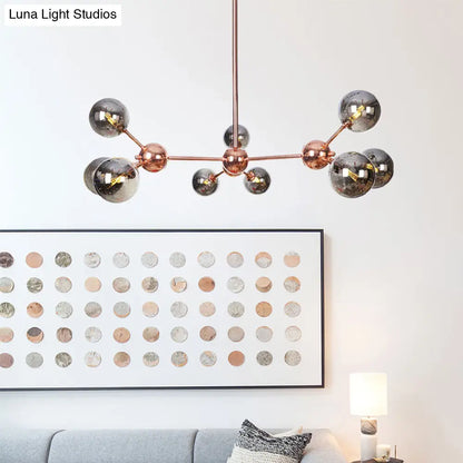 Lámpara de araña vintage de cobre con pantallas esféricas de cristal transparente/ámbar - 3/9/12 luces, diseño de ramas - 33/70/86 cm de ancho