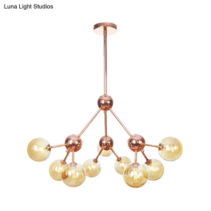 Lámpara de araña vintage de cobre con pantallas esféricas de cristal transparente/ámbar - 3/9/12 luces, diseño de ramas - 33/70/86 cm de ancho