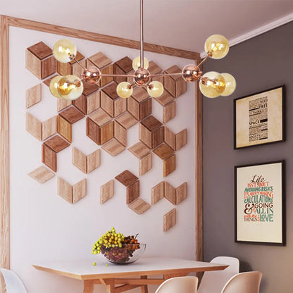 Lámpara de araña vintage de cobre con pantallas esféricas de cristal transparente/ámbar - 3/9/12 luces, diseño de ramas - 33/70/86 cm de ancho