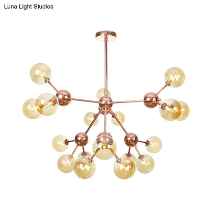 Lámpara de araña vintage de cobre con pantallas esféricas de cristal transparente/ámbar - 3/9/12 luces, diseño de ramas - 33/70/86 cm de ancho
