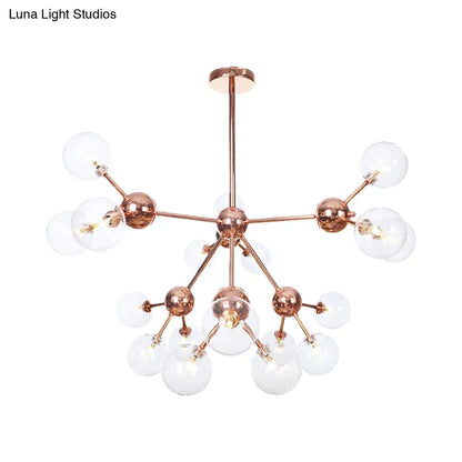 Lámpara de araña vintage de cobre con pantallas esféricas de cristal transparente/ámbar - 3/9/12 luces, diseño de ramas - 33/70/86 cm de ancho