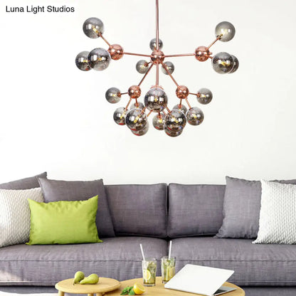 Lámpara de araña vintage de cobre con pantallas esféricas de cristal transparente/ámbar - 3/9/12 luces, diseño de ramas - 33/70/86 cm de ancho