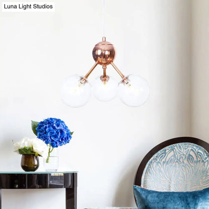 Lámpara de araña vintage de cobre con pantallas esféricas de cristal transparente/ámbar - 3/9/12 luces, diseño de ramas - 33/70/86 cm de ancho