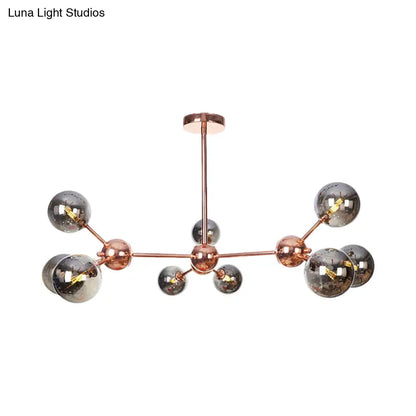 Lámpara de araña vintage de cobre con pantallas esféricas de cristal transparente/ámbar - 3/9/12 luces, diseño de ramas - 33/70/86 cm de ancho