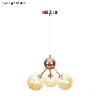 Lámpara de araña vintage de cobre con pantallas esféricas de cristal transparente/ámbar - 3/9/12 luces, diseño de ramas - 33/70/86 cm de ancho