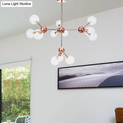 Lámpara de araña vintage de cobre con pantallas esféricas de cristal transparente/ámbar - 3/9/12 luces, diseño de ramas - 33/70/86 cm de ancho