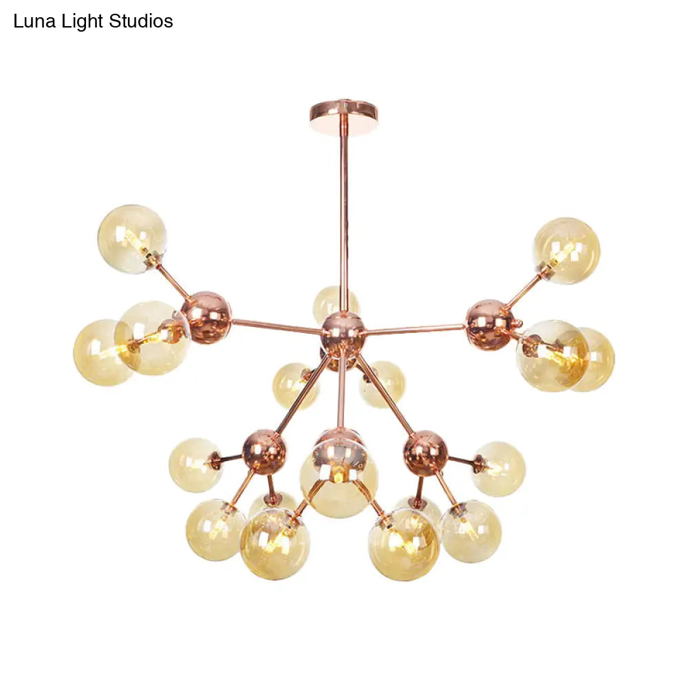 Lámpara de araña vintage de cobre con pantallas esféricas de cristal transparente/ámbar - 3/9/12 luces, diseño de ramas - 33/70/86 cm de ancho