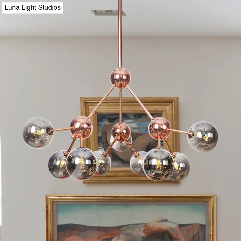 Lámpara de araña vintage de cobre con pantallas esféricas de cristal transparente/ámbar - 3/9/12 luces, diseño de ramas - 33/70/86 cm de ancho