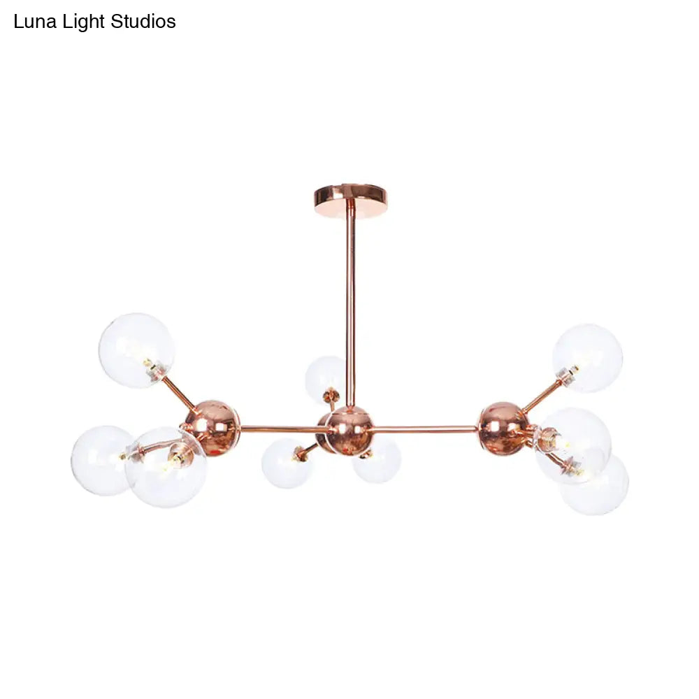 Lámpara de araña vintage de cobre con pantallas esféricas de cristal transparente/ámbar - 3/9/12 luces, diseño de ramas - 33/70/86 cm de ancho