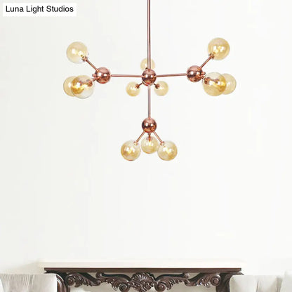 Lámpara de araña vintage de cobre con pantallas esféricas de cristal transparente/ámbar - 3/9/12 luces, diseño de ramas - 33/70/86 cm de ancho