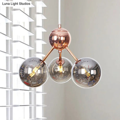 Lámpara de araña vintage de cobre con pantallas esféricas de cristal transparente/ámbar - 3/9/12 luces, diseño de ramas - 33/70/86 cm de ancho