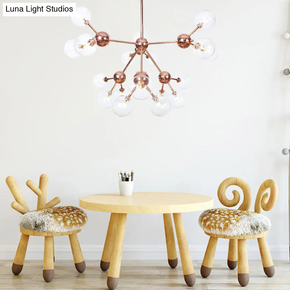 Lámpara de araña vintage de cobre con pantallas esféricas de cristal transparente/ámbar - 3/9/12 luces, diseño de ramas - 33/70/86 cm de ancho