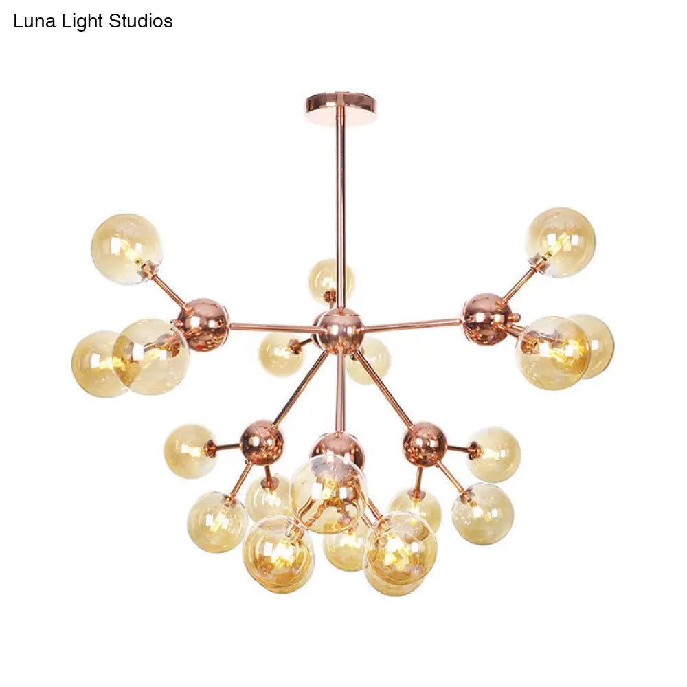 Lámpara de araña vintage de cobre con pantallas esféricas de cristal transparente/ámbar - 3/9/12 luces, diseño de ramas - 33/70/86 cm de ancho