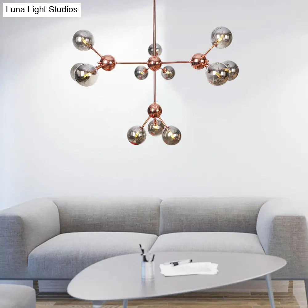 Lámpara de araña vintage de cobre con pantallas esféricas de cristal transparente/ámbar - 3/9/12 luces, diseño de ramas - 33/70/86 cm de ancho