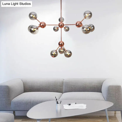 Lámpara de araña vintage de cobre con pantallas esféricas de cristal transparente/ámbar - 3/9/12 luces, diseño de ramas - 33/70/86 cm de ancho