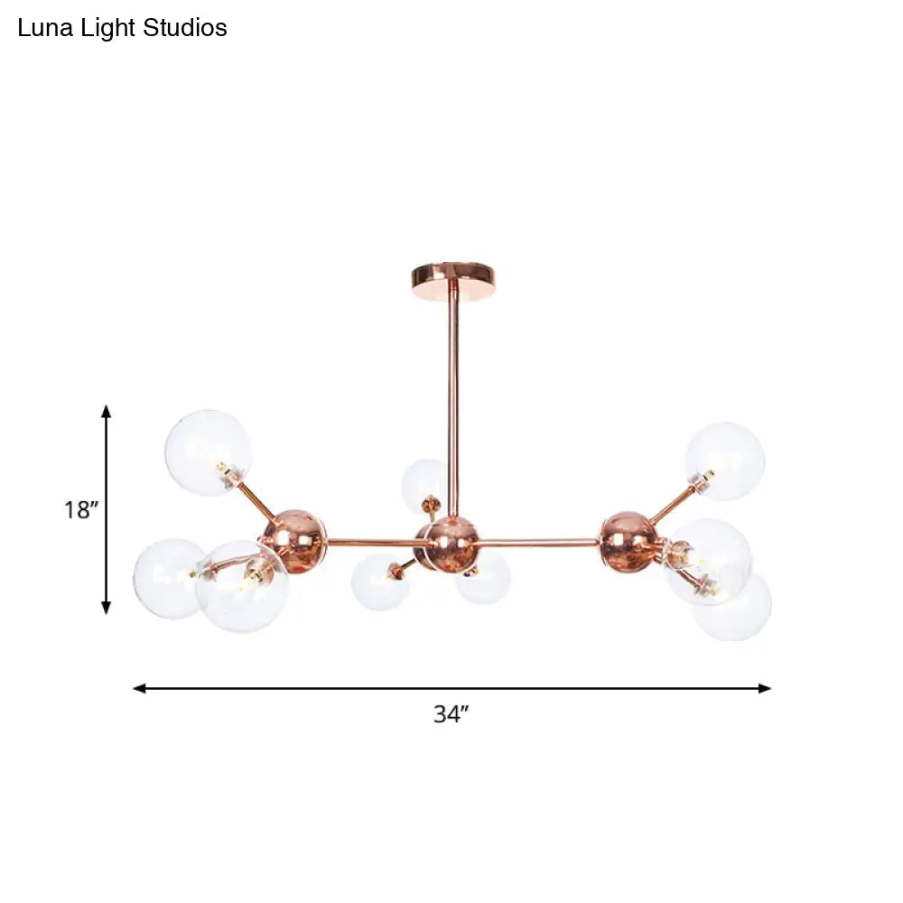 Lámpara de araña vintage de cobre con pantallas esféricas de cristal transparente/ámbar - 3/9/12 luces, diseño de ramas - 33/70/86 cm de ancho