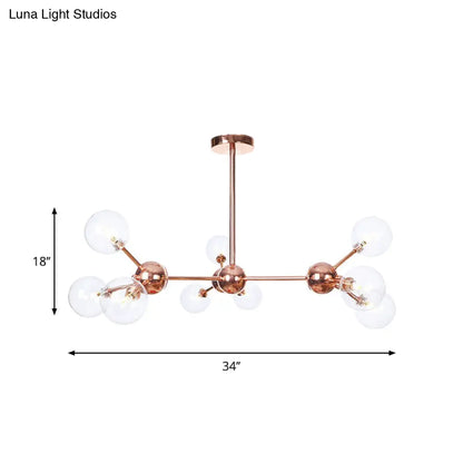 Lámpara de araña vintage de cobre con pantallas esféricas de cristal transparente/ámbar - 3/9/12 luces, diseño de ramas - 33/70/86 cm de ancho