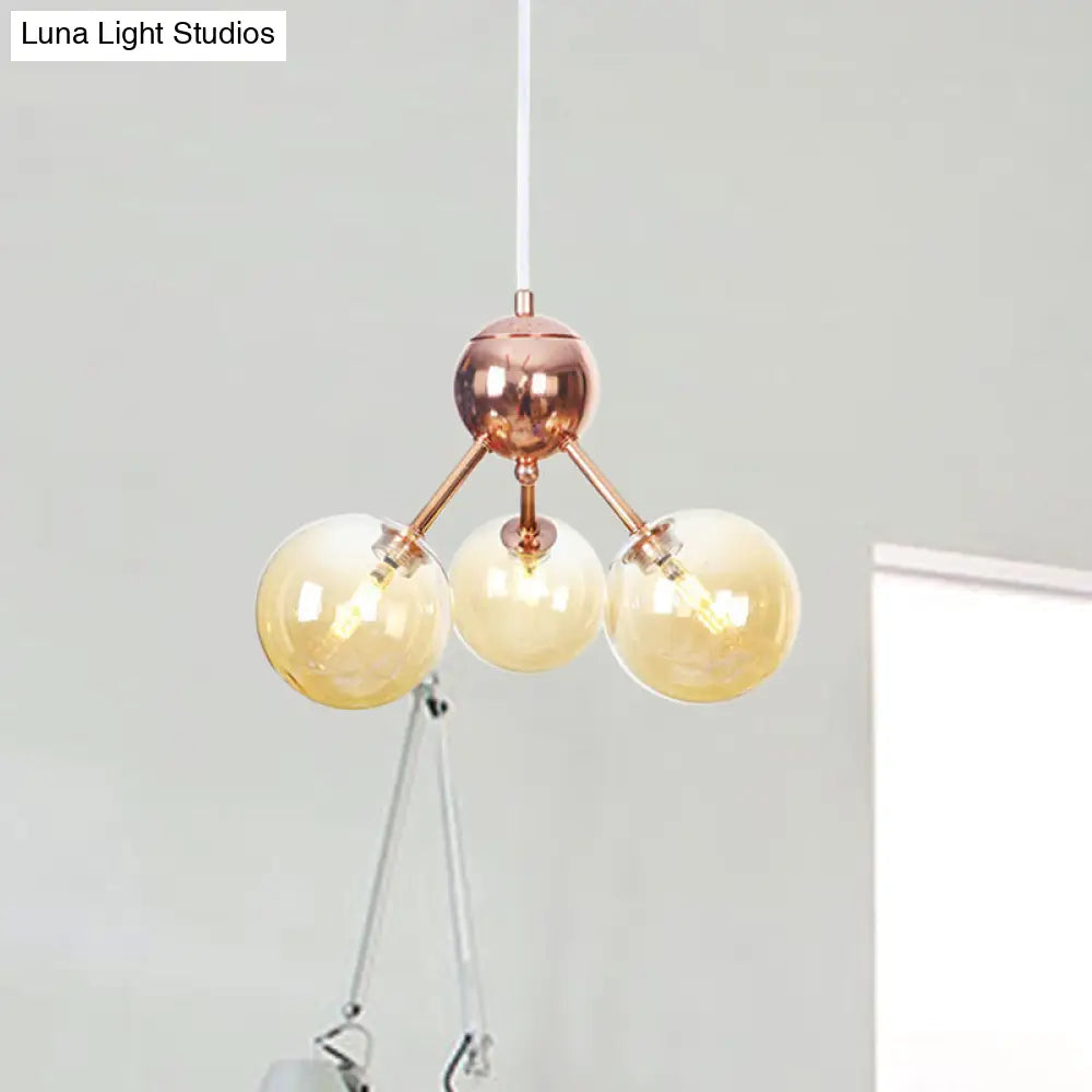 Lámpara de araña vintage de cobre con pantallas esféricas de cristal transparente/ámbar - 3/9/12 luces, diseño de ramas - 33/70/86 cm de ancho