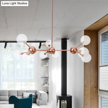 Lámpara de araña vintage de cobre con pantallas esféricas de cristal transparente/ámbar - 3/9/12 luces, diseño de ramas - 33/70/86 cm de ancho