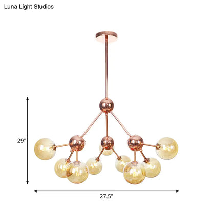Lámpara de araña vintage de cobre con pantallas esféricas de cristal transparente/ámbar - 3/9/12 luces, diseño de ramas - 33/70/86 cm de ancho