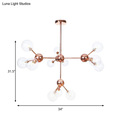 Lámpara de araña vintage de cobre con pantallas esféricas de cristal transparente/ámbar - 3/9/12 luces, diseño de ramas - 33/70/86 cm de ancho