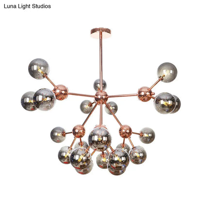 Lámpara de araña vintage de cobre con pantallas esféricas de cristal transparente/ámbar - 3/9/12 luces, diseño de ramas - 33/70/86 cm de ancho