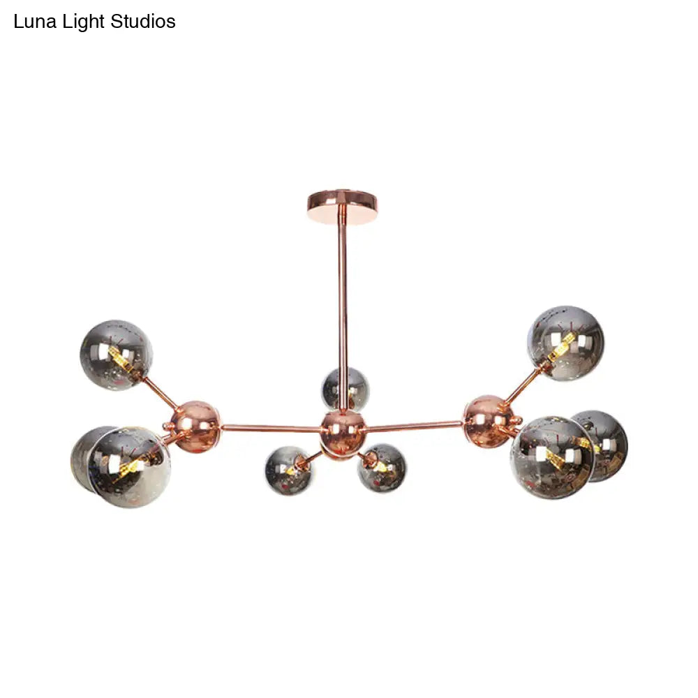 Lámpara de araña vintage de cobre con pantallas esféricas de cristal transparente/ámbar - 3/9/12 luces, diseño de ramas - 33/70/86 cm de ancho