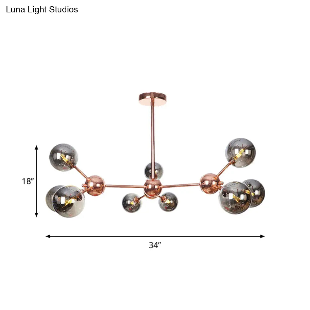 Lámpara de araña vintage de cobre con pantallas esféricas de cristal transparente/ámbar - 3/9/12 luces, diseño de ramas - 33/70/86 cm de ancho