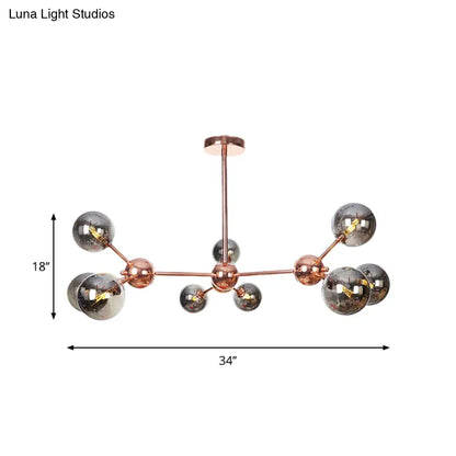 Lámpara de araña vintage de cobre con pantallas esféricas de cristal transparente/ámbar - 3/9/12 luces, diseño de ramas - 33/70/86 cm de ancho
