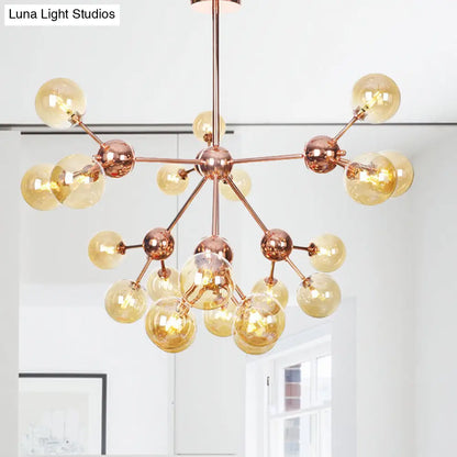 Lámpara de araña vintage de cobre con pantallas esféricas de cristal transparente/ámbar - 3/9/12 luces, diseño de ramas - 33/70/86 cm de ancho