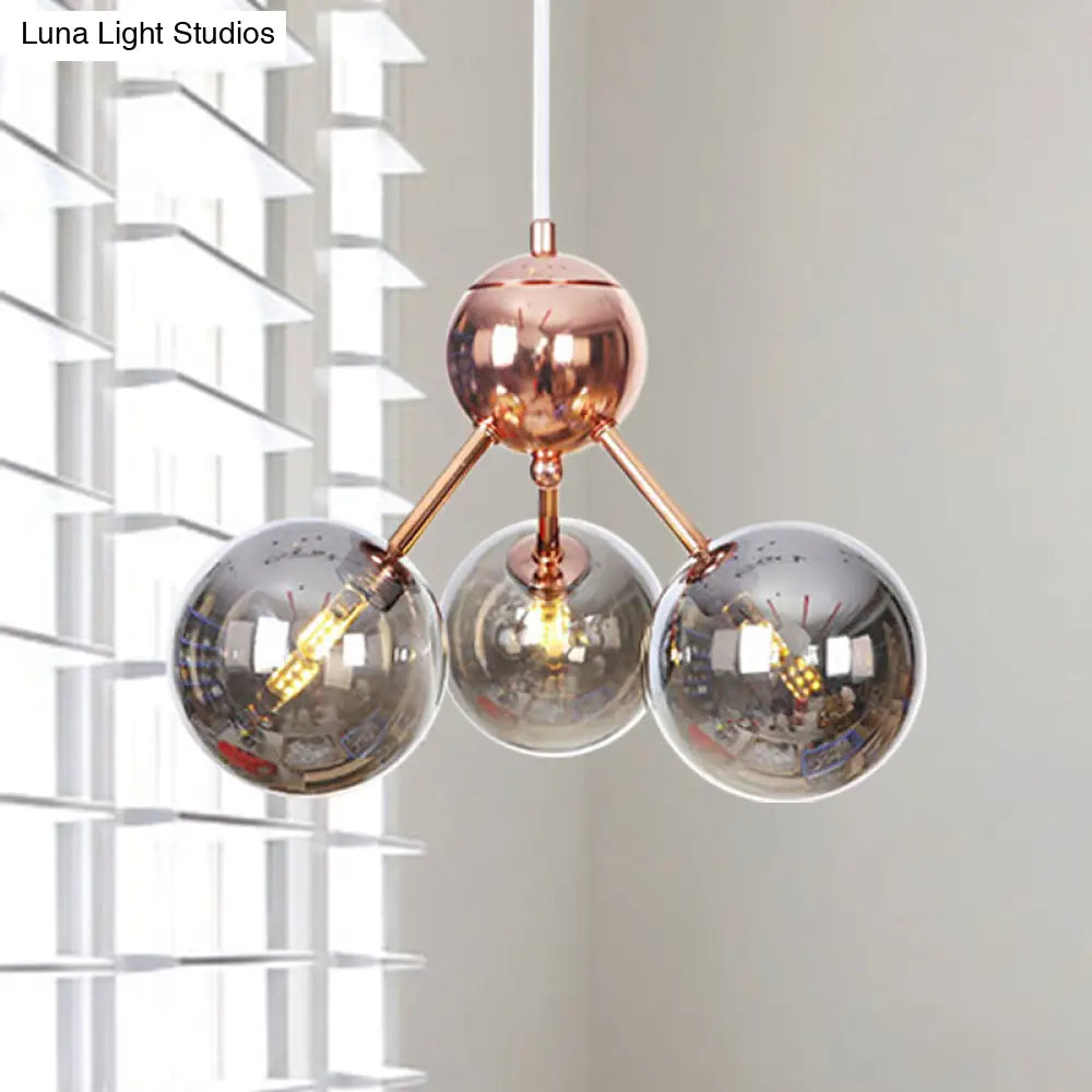 Lámpara de araña vintage de cobre con pantallas esféricas de cristal transparente/ámbar - 3/9/12 luces, diseño de ramas - 33/70/86 cm de ancho