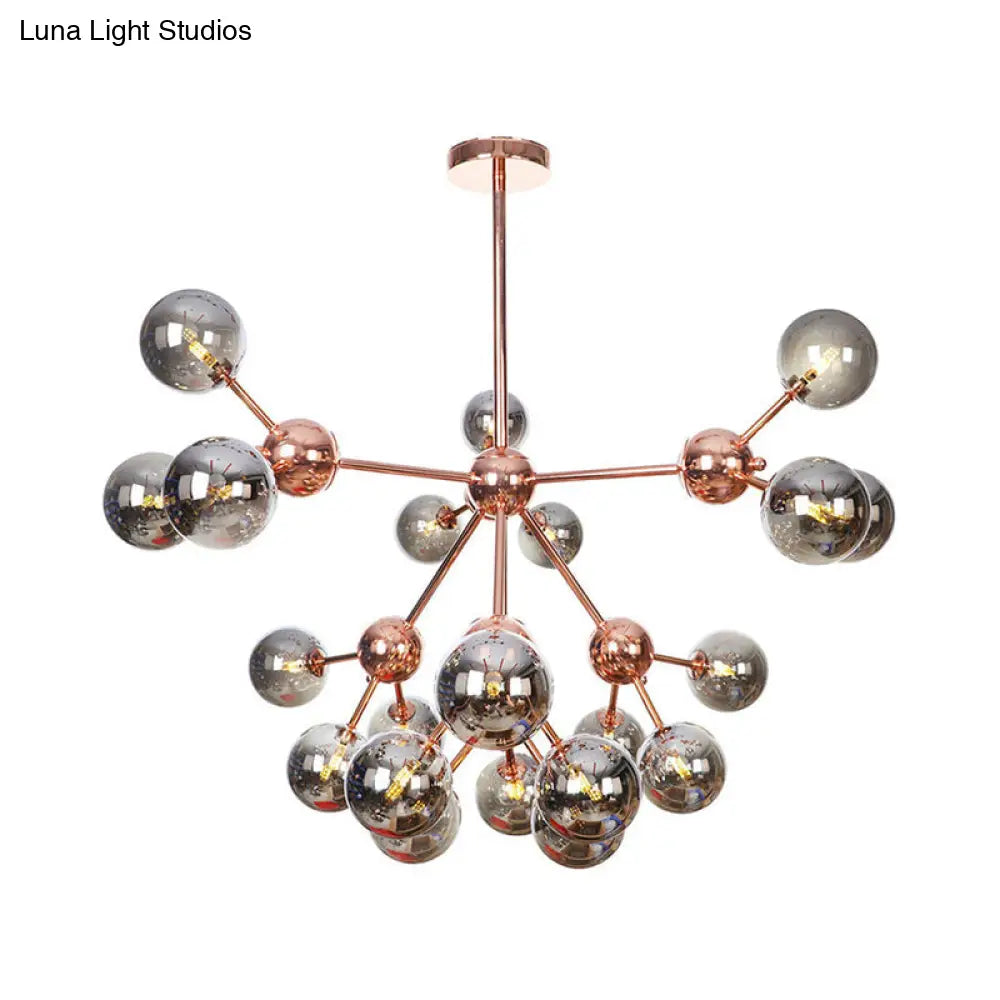 Lámpara de araña vintage de cobre con pantallas esféricas de cristal transparente/ámbar - 3/9/12 luces, diseño de ramas - 33/70/86 cm de ancho