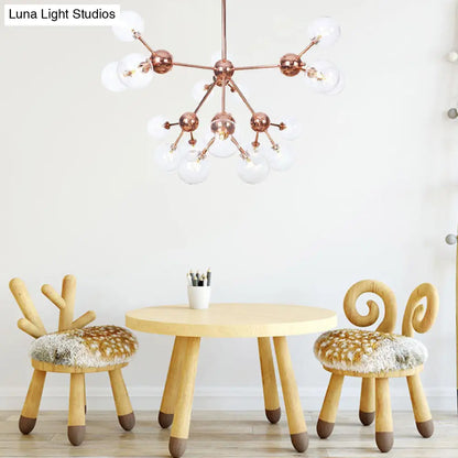 Lámpara de araña vintage de cobre con pantallas esféricas de cristal transparente/ámbar - 3/9/12 luces, diseño de ramas - 33/70/86 cm de ancho