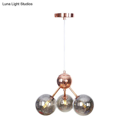 Lámpara de araña vintage de cobre con pantallas esféricas de cristal transparente/ámbar - 3/9/12 luces, diseño de ramas - 33/70/86 cm de ancho