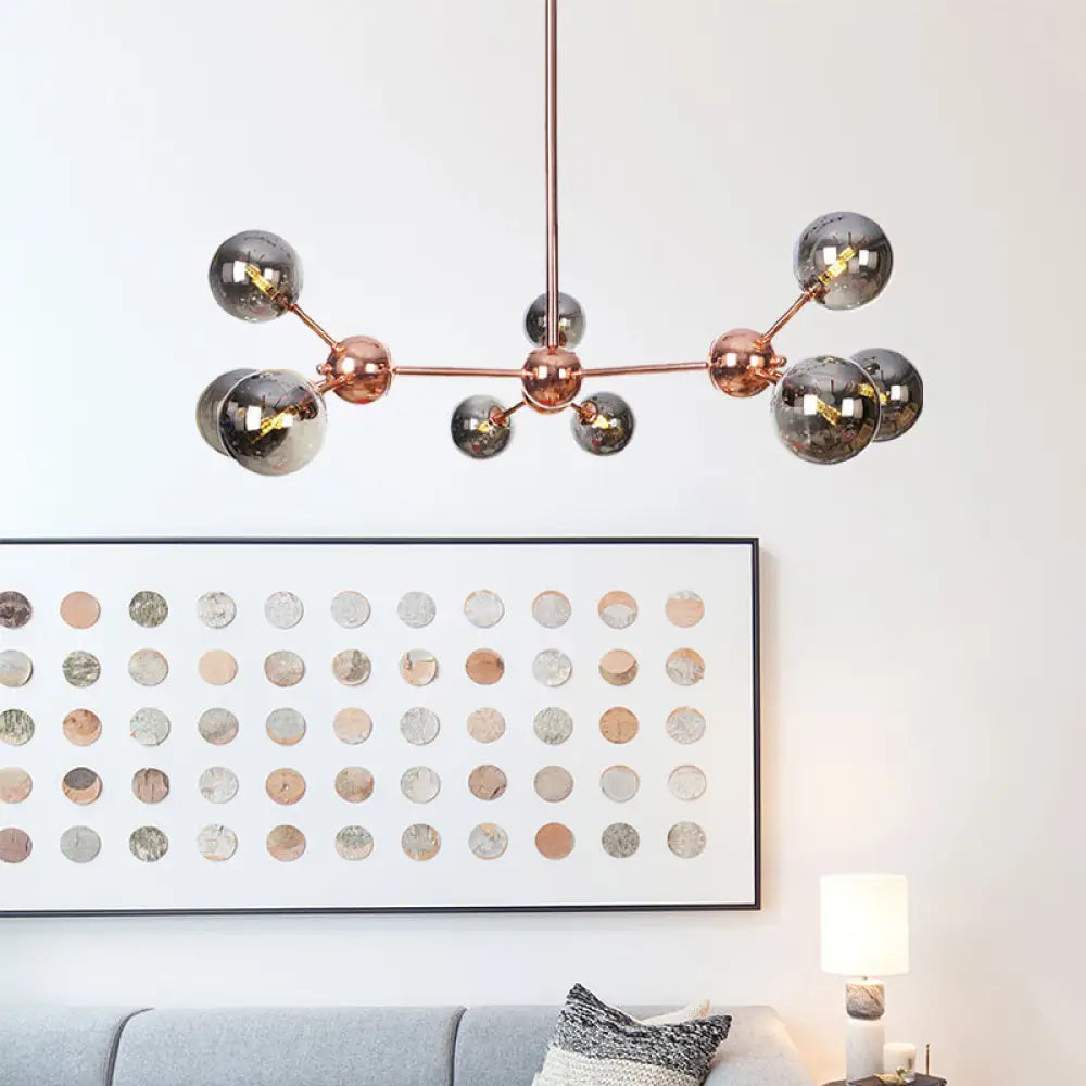 Lámpara de araña vintage de cobre con pantallas esféricas de cristal transparente/ámbar - 3/9/12 luces, diseño de ramas - 33/70/86 cm de ancho