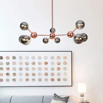 Lámpara de araña vintage de cobre con pantallas esféricas de cristal transparente/ámbar - 3/9/12 luces, diseño de ramas - 33/70/86 cm de ancho