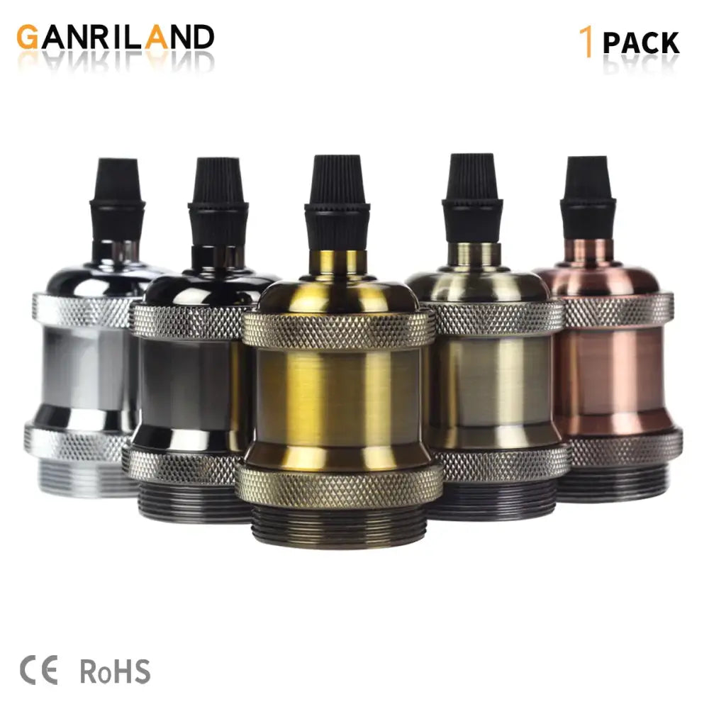 Five metallic e27 vintage copper lamp base socket caps in black silver gold bronze and copper with knurled bands